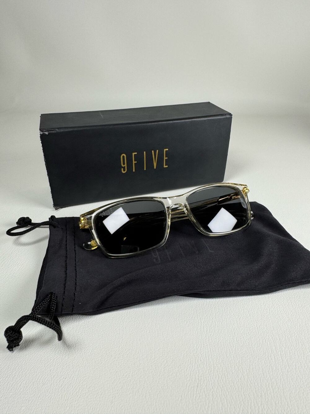 9FIVE Caps LX Crystal Gold Tone Square Sunglasses Clear Acetate Box